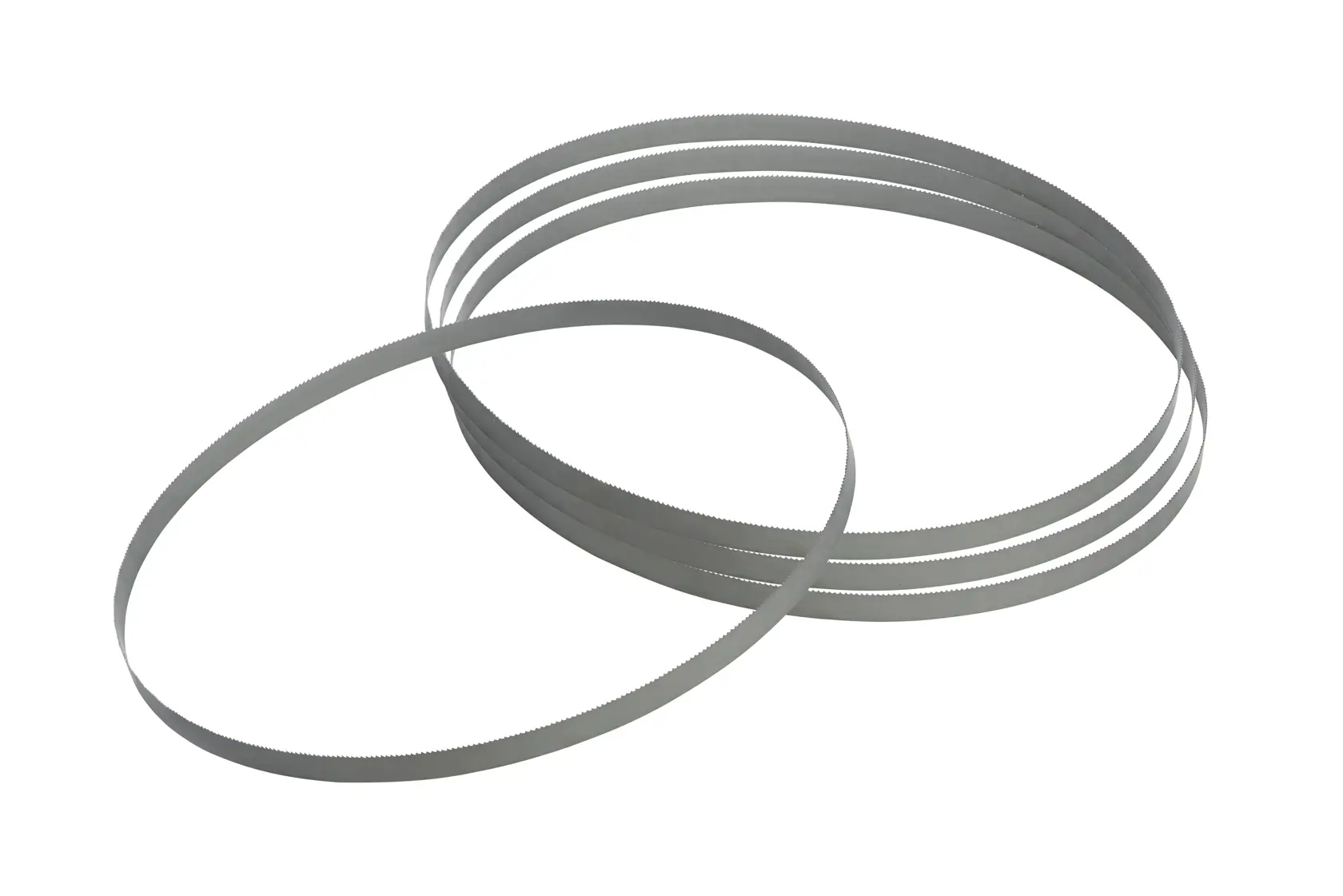 Four metal bandsaw blades with fine teeth are shown coiled and overlapping on a plain white background.
