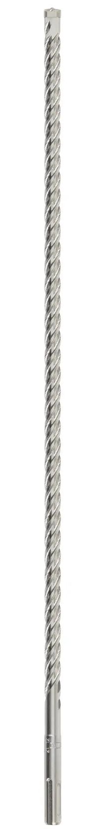 A long, silver DEWALT rotary hammer drill bit with spiral design, shown vertically on a white background.