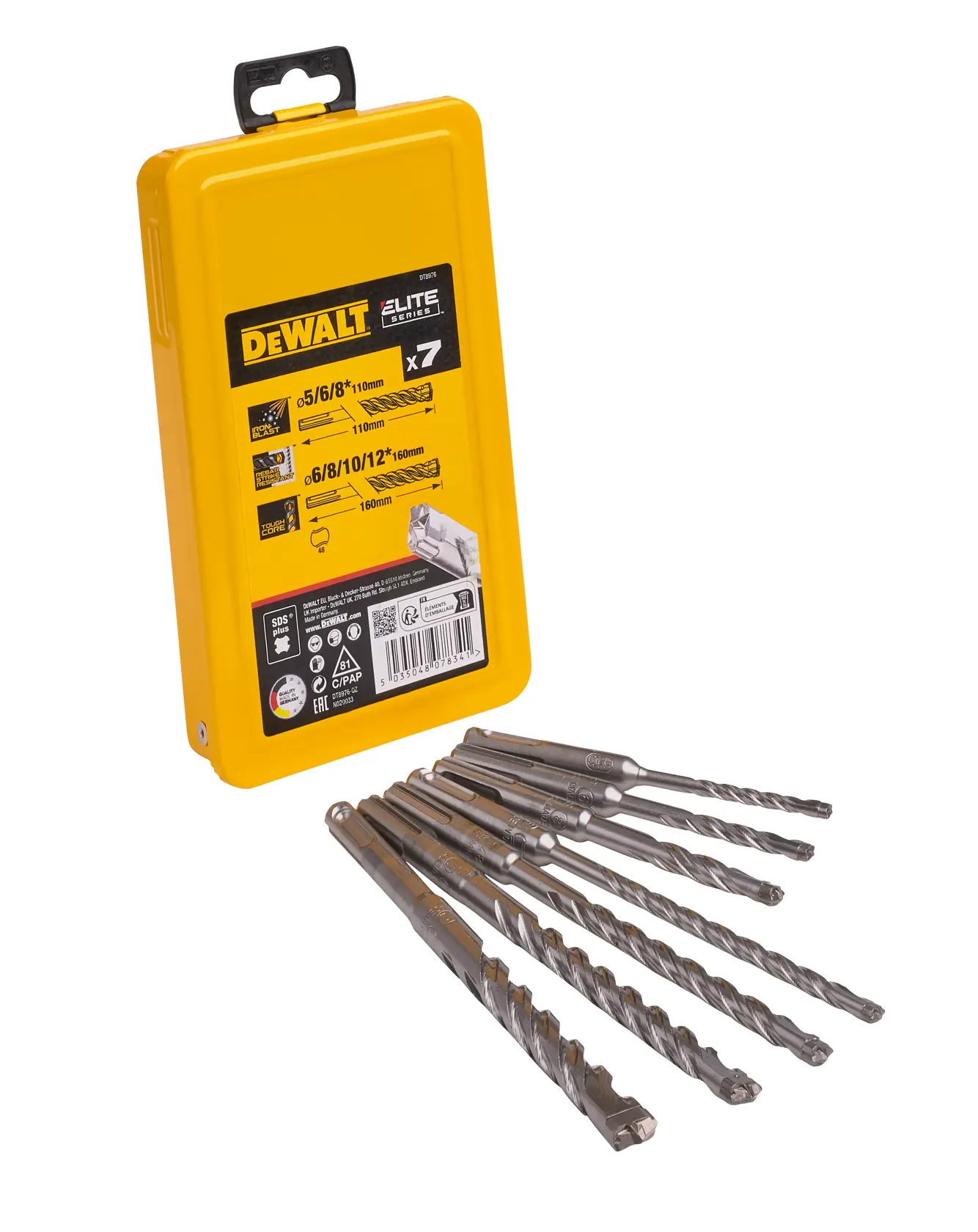 DEWALT DT8976 set with yellow case and seven metal drill bits displayed in front.
