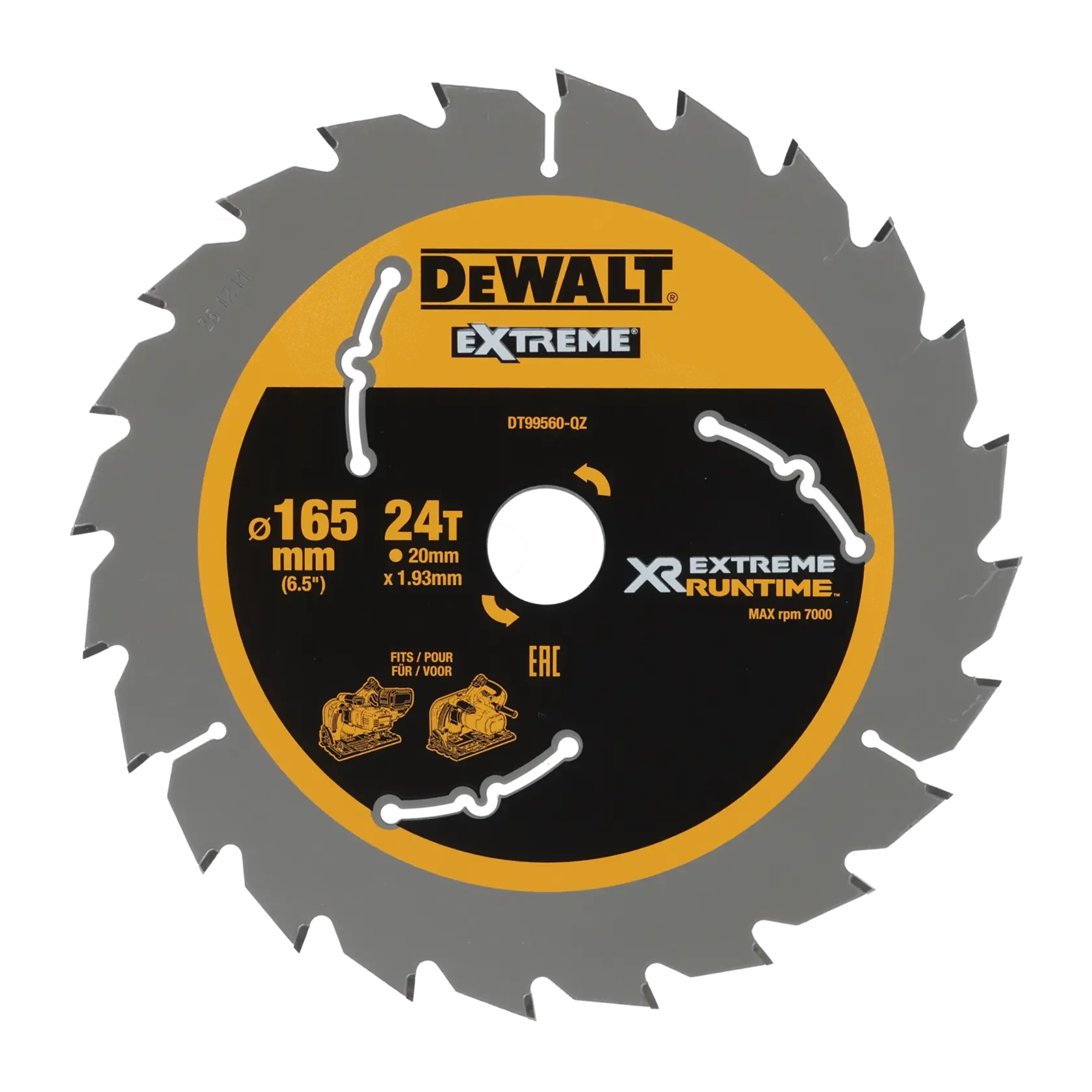 DEWALT DT99560 circular saw blade with 24 teeth, 165 mm diameter, designed for extreme runtime, suitable for various cutting tools. The blade is black and yellow with technical specifications and product branding printed on its surface.