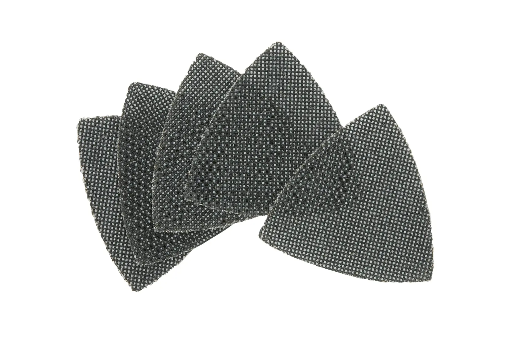 Five DEWALT triangular sanding mesh sheets stacked in a fan arrangement on a white background.