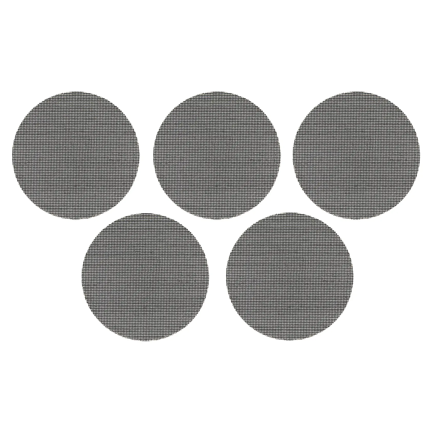 Five round DEWALT sanding mesh discs arranged in two rows on a white background.