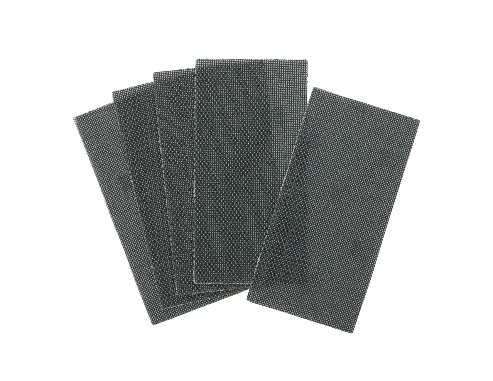 Five rectangular DEWALT sanding mesh sheets fanned on a white background.
