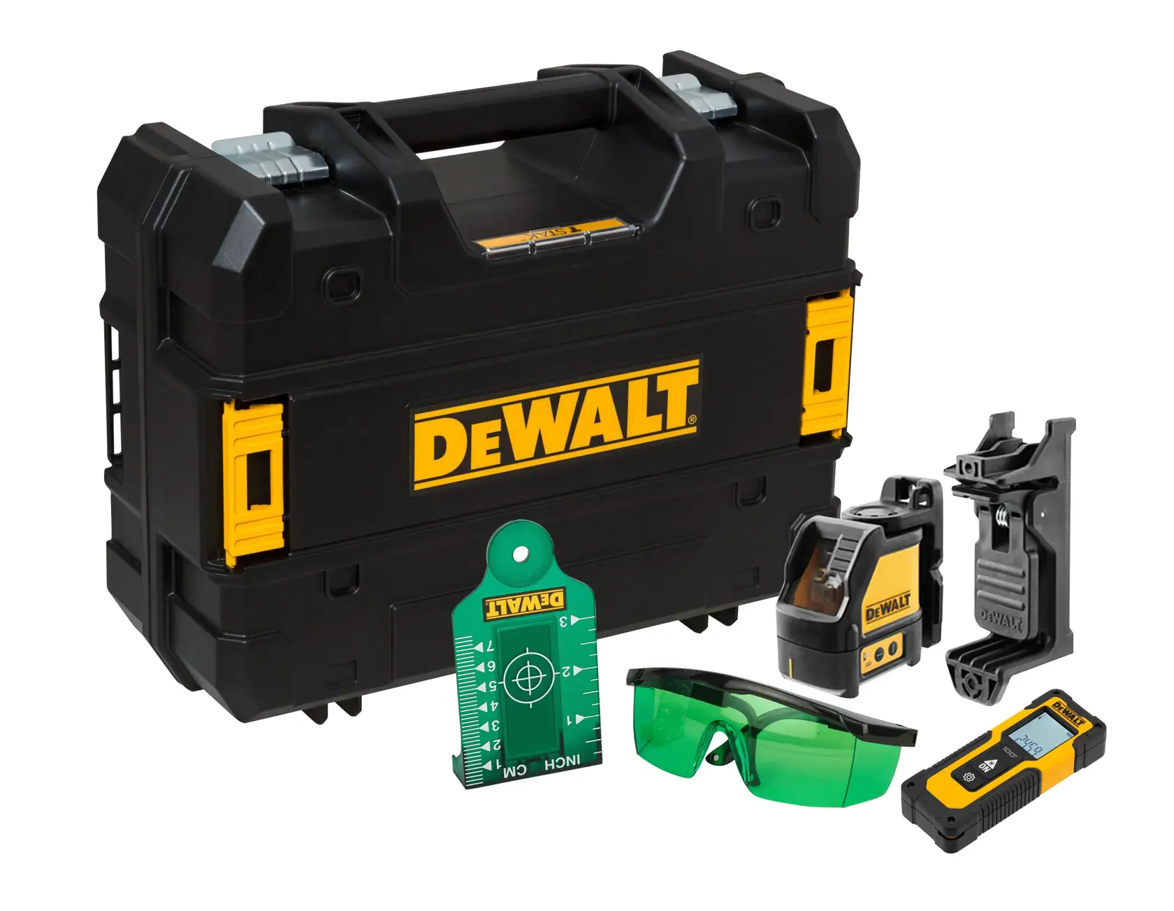 DEWALT photography kit with hard case, laser tool, bracket, green glasses, laser detector and target plate.