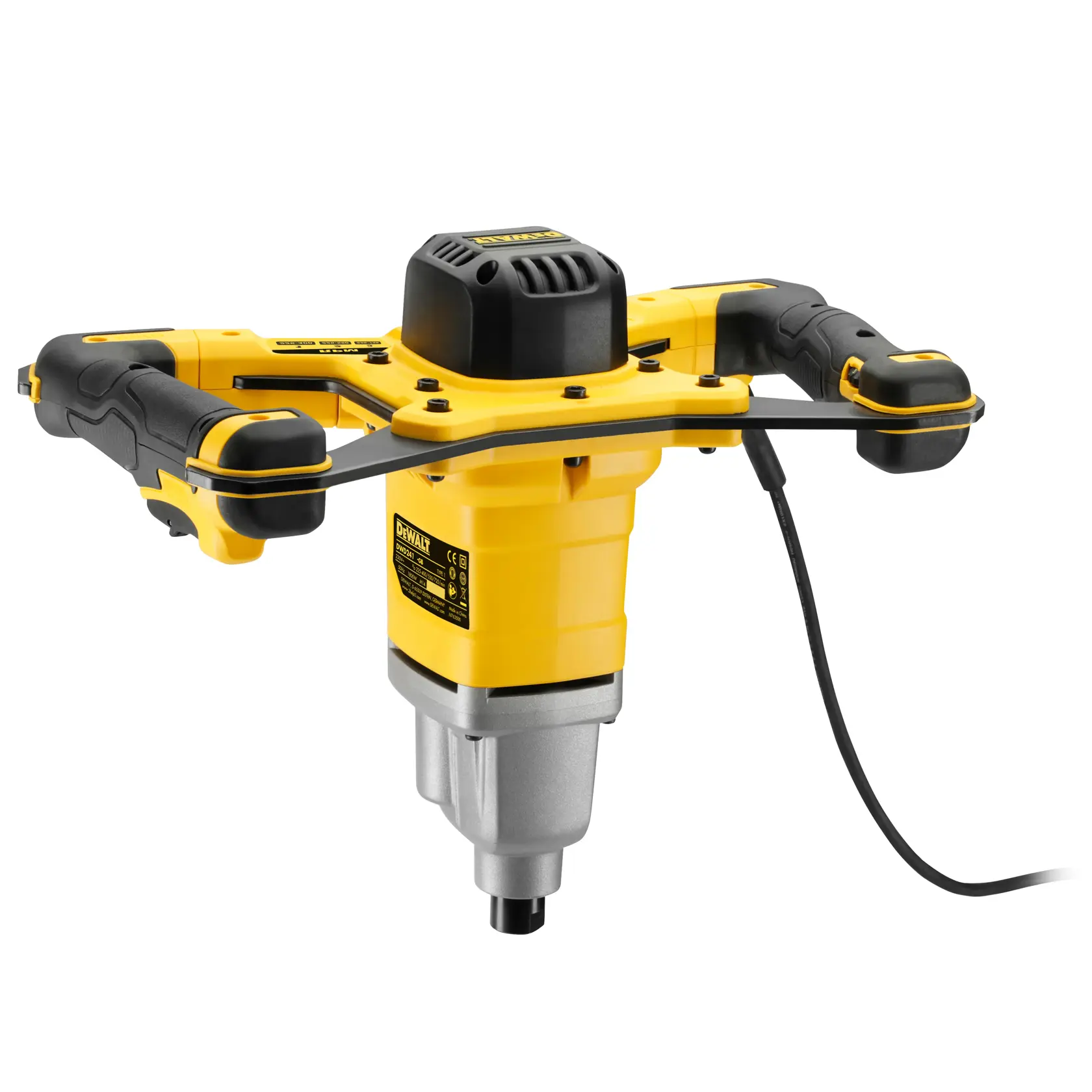 Yellow and black DEWALT electric mixer with dual handles and cord, used for mixing construction materials.