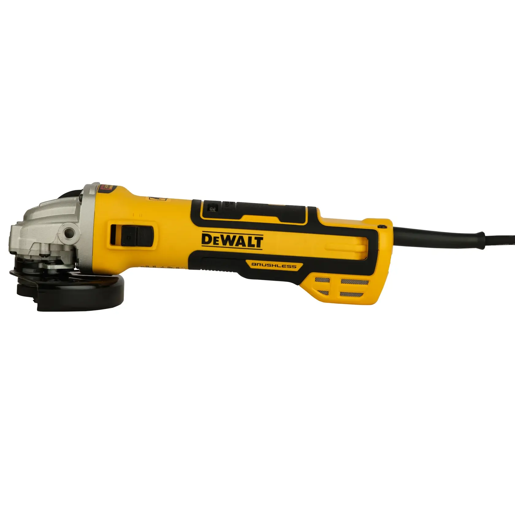 Gelber DEWALT Winkelschleifer, brushless, mit Kabel, Seitenansicht auf weißem Hintergrund.