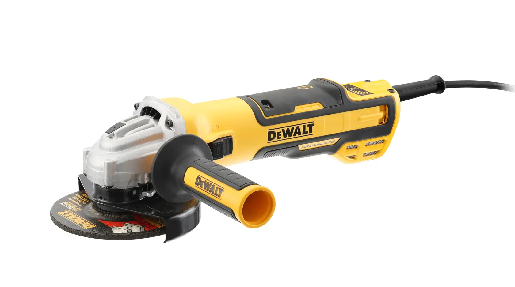 Una amoladora angular DEWALT, modelo DWE4357, mostrada sobre un fondo blanco. La herramienta es de color amarillo y negro con empuñadura lateral y un disco de desbaste visible. Es con cable y está diseñada para tareas profesionales de construcción o trabajo en metal.