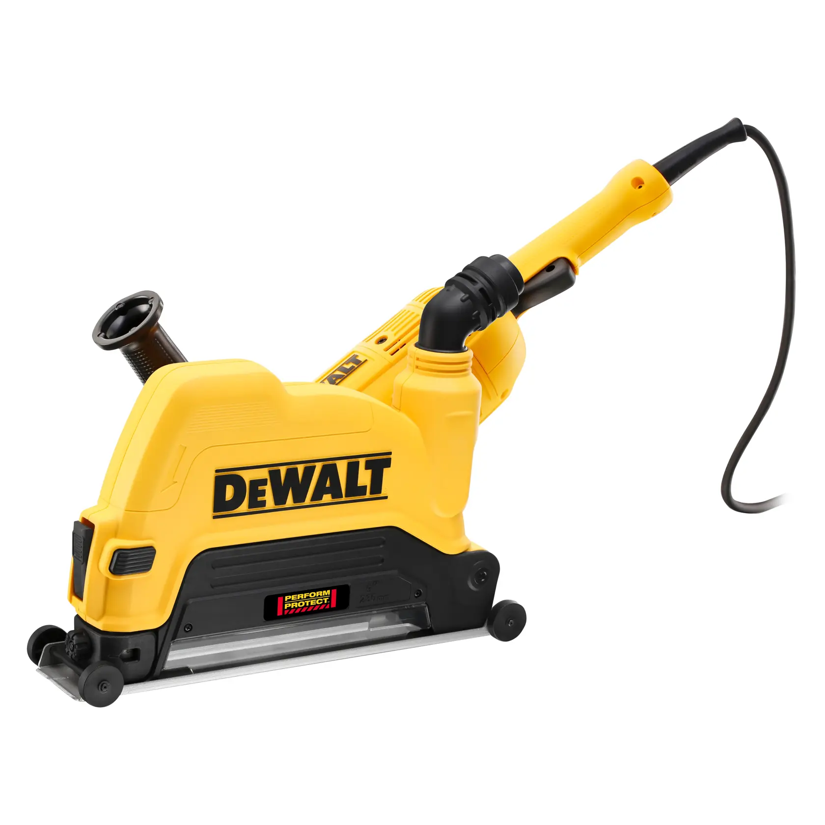 Yellow DEWALT wall chaser power tool with handle, wheels, and cord, used for cutting grooves in walls.