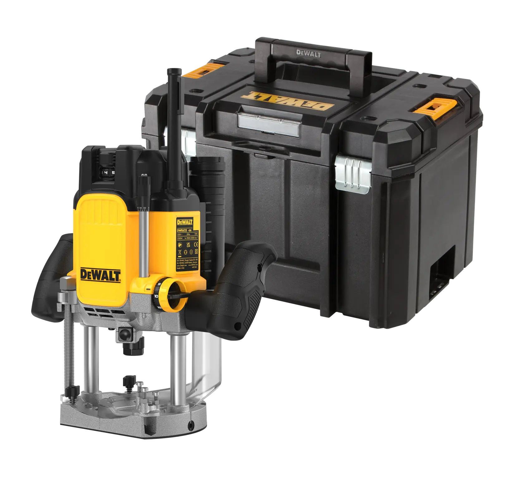 DEWALT plunge router with black and yellow case, suitable for woodworking and storage.