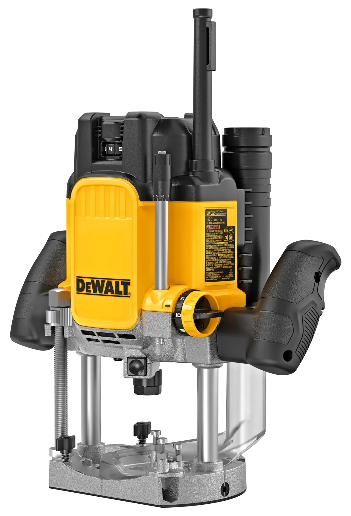 A DEWALT electric plunge router with a yellow and black body, two ergonomic black handles, precision adjustment knobs, and a metal base designed for woodworking tasks.