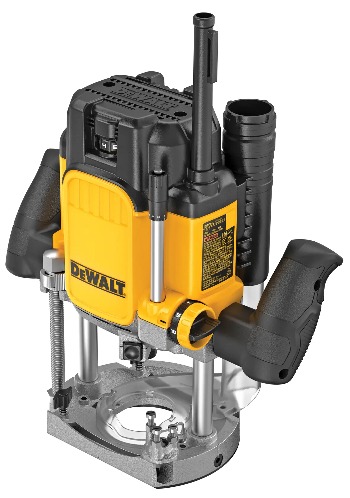 A DEWALT plunge router with a yellow and black design, featuring ergonomic handles, adjustment knobs, and a sturdy metal base for woodworking.