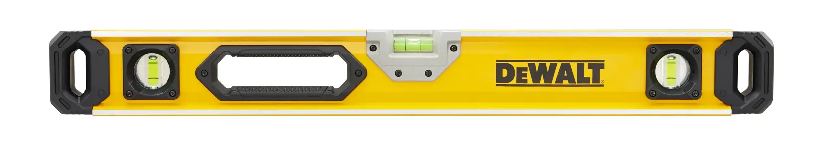 A yellow DEWALT spirit level with three bubble vials and a handle, designed for precise leveling and measurement.