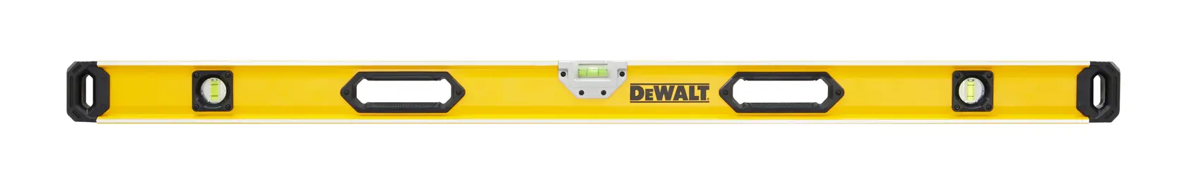A yellow DEWALT spirit level with three vials and two grip handles, suitable for precision leveling.