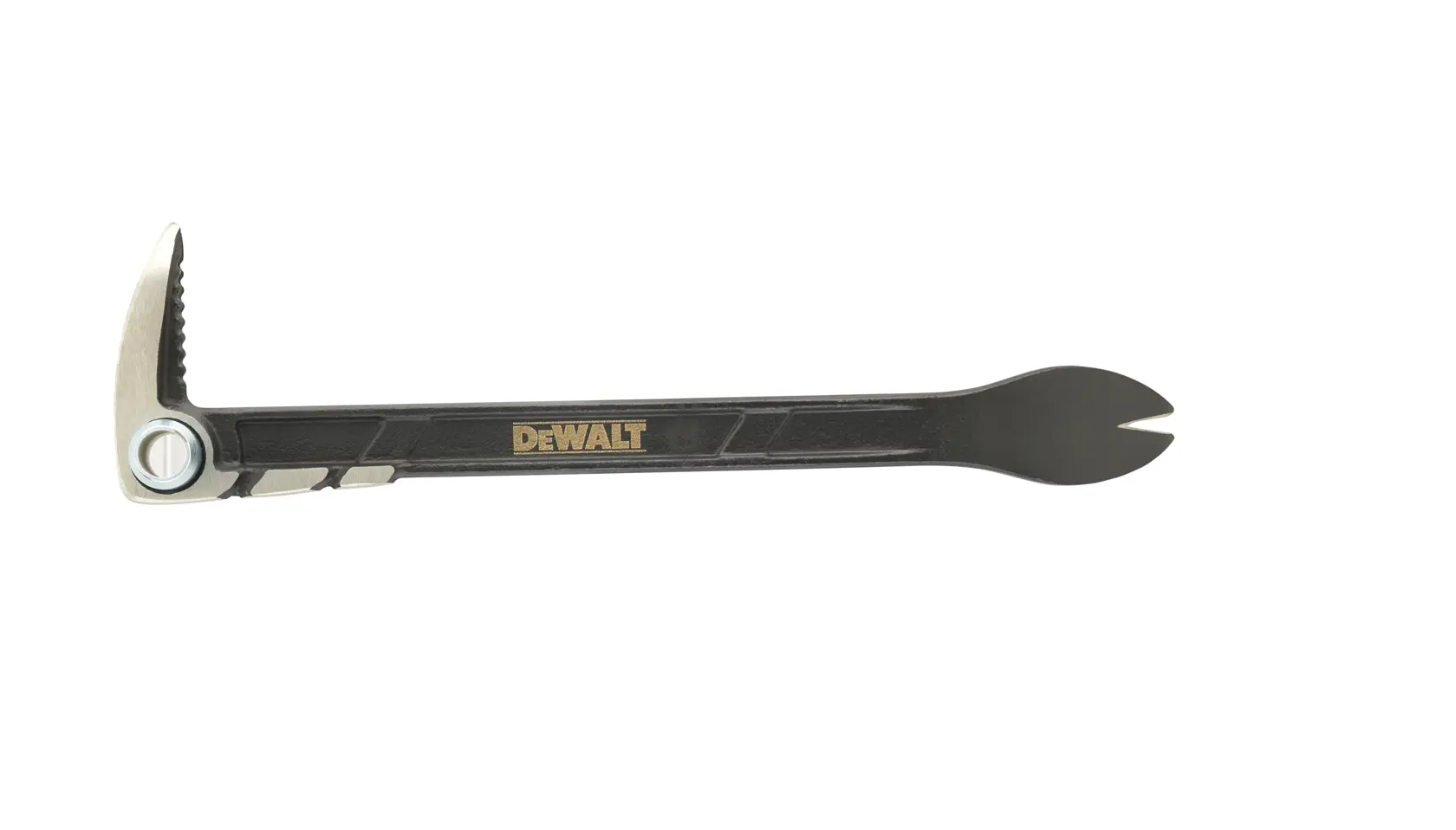 DEWALT black pry bar with serrated claw and forked end, shown on a white background.