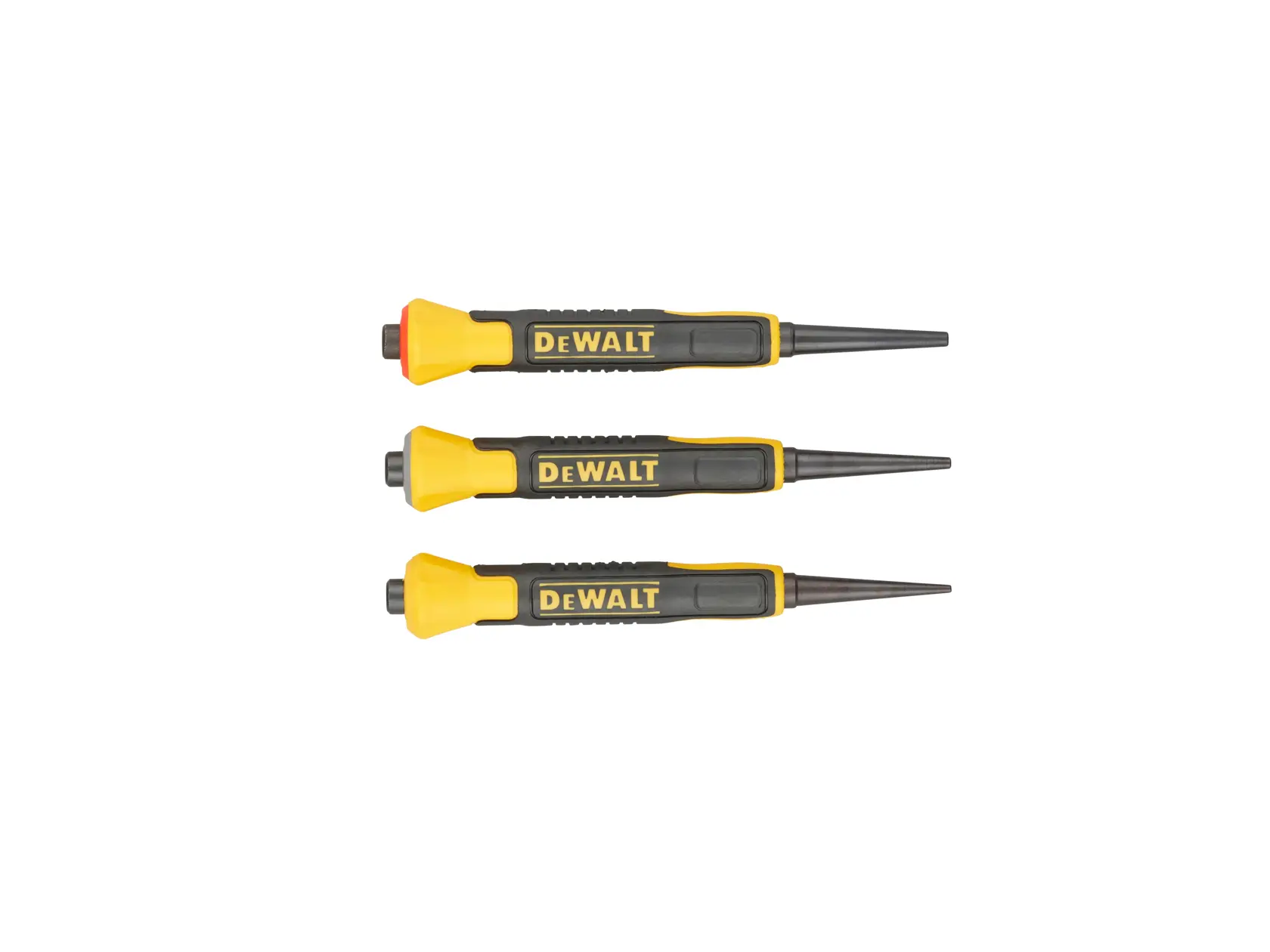 Three DEWALT nail punch tools with yellow and black handles arranged side by side on a white background.