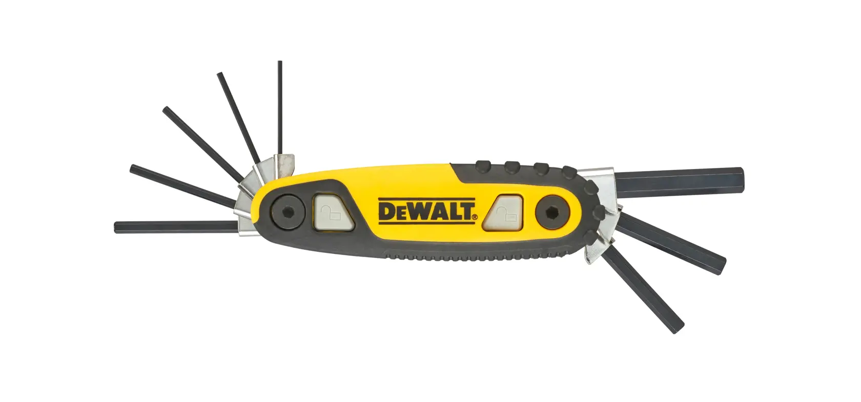 DEWALT folding hex key set with multiple extended hex keys, yellow and black handle.