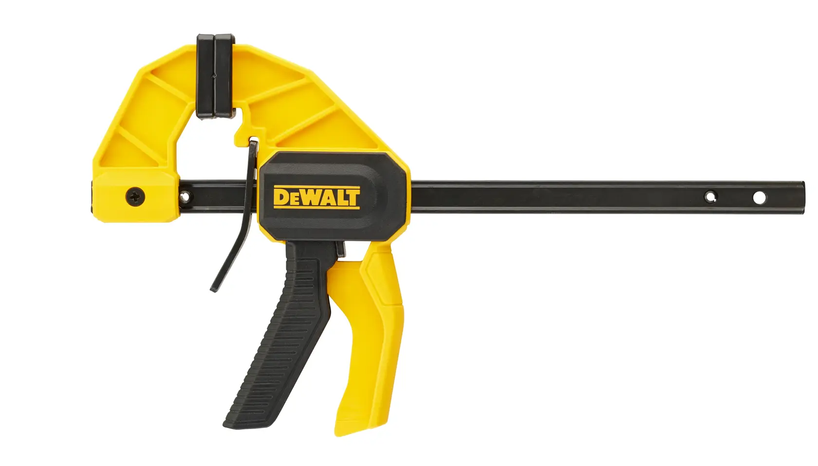 DEWALT yellow and black quick-grip clamp with trigger handle, used for securing materials during work.