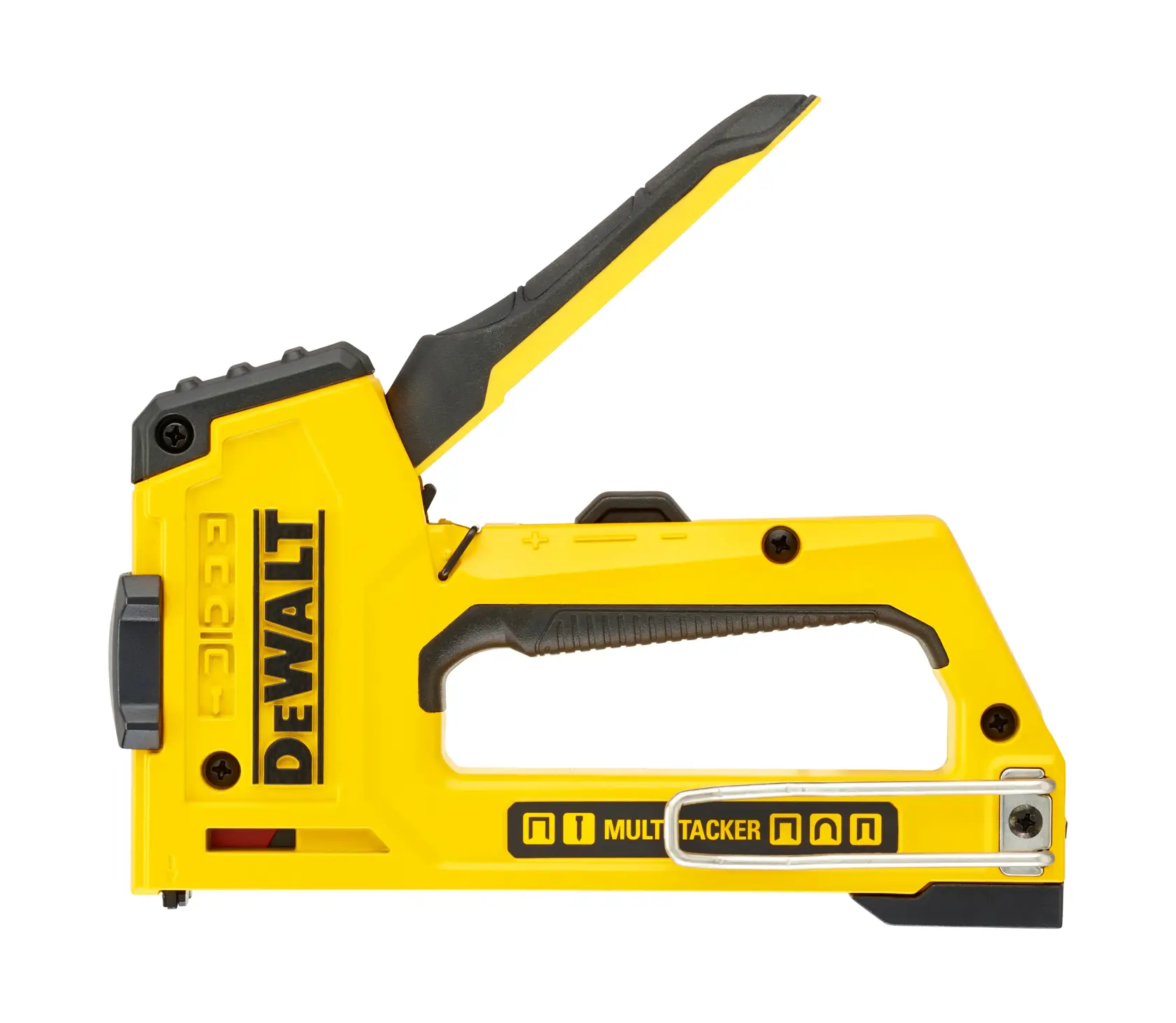 A yellow and black DEWALT multi tacker staple gun, model DWHT0-TR510, used for fastening materials in photography and other applications.