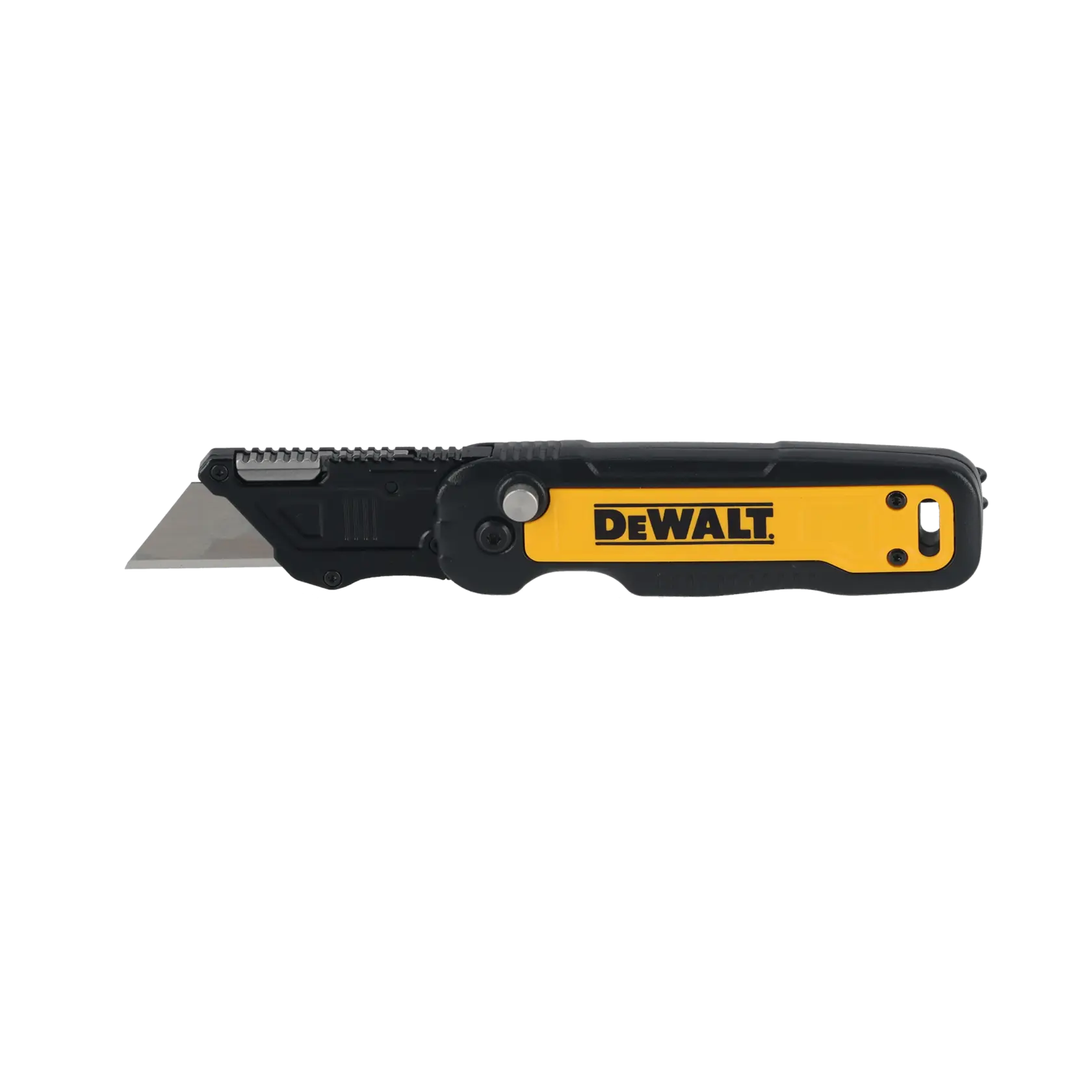 DEWALT folding utility knife with yellow and black handle, blade extended, shown on white background.