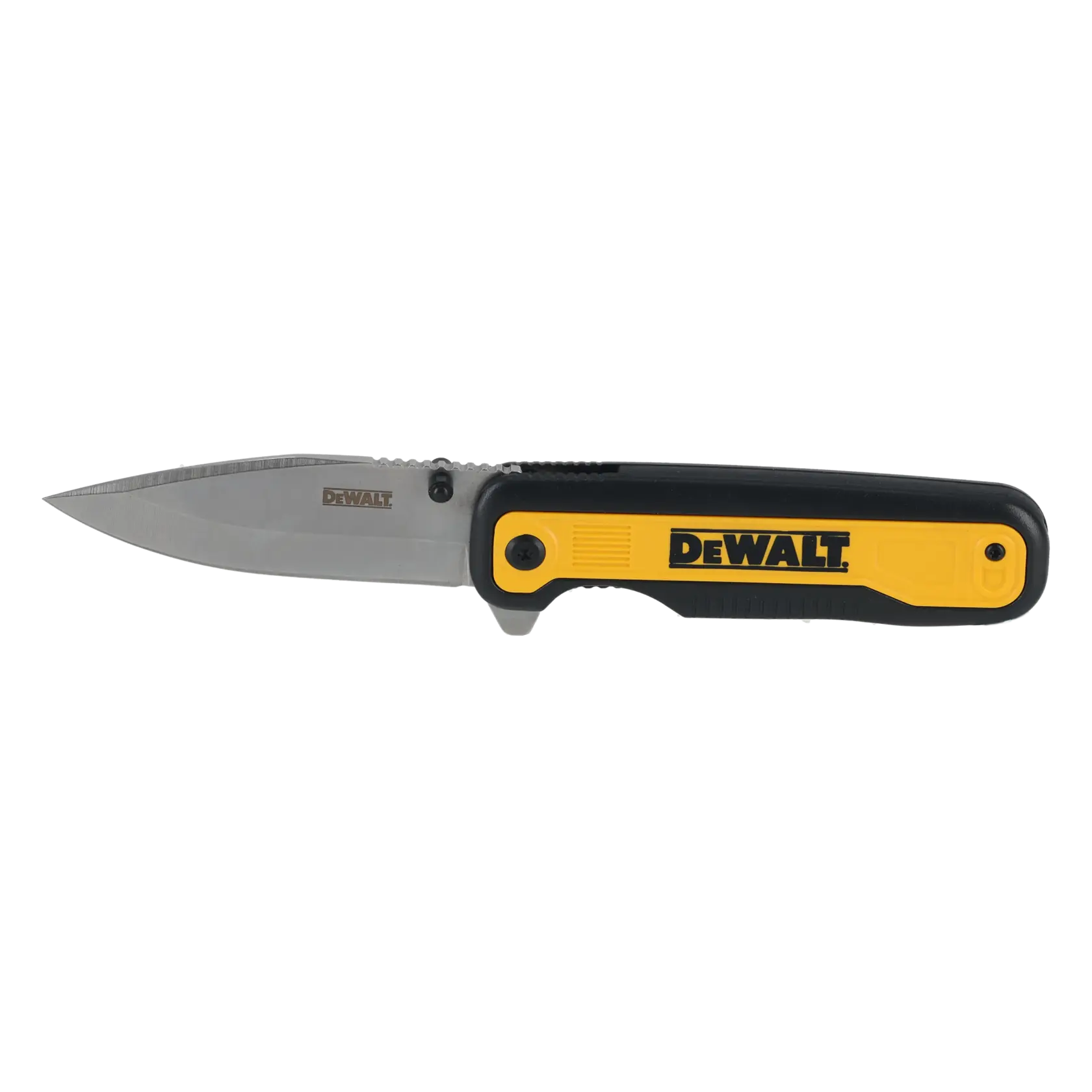 DEWALT folding knife with a stainless steel blade and yellow-black handle, shown open on white background.