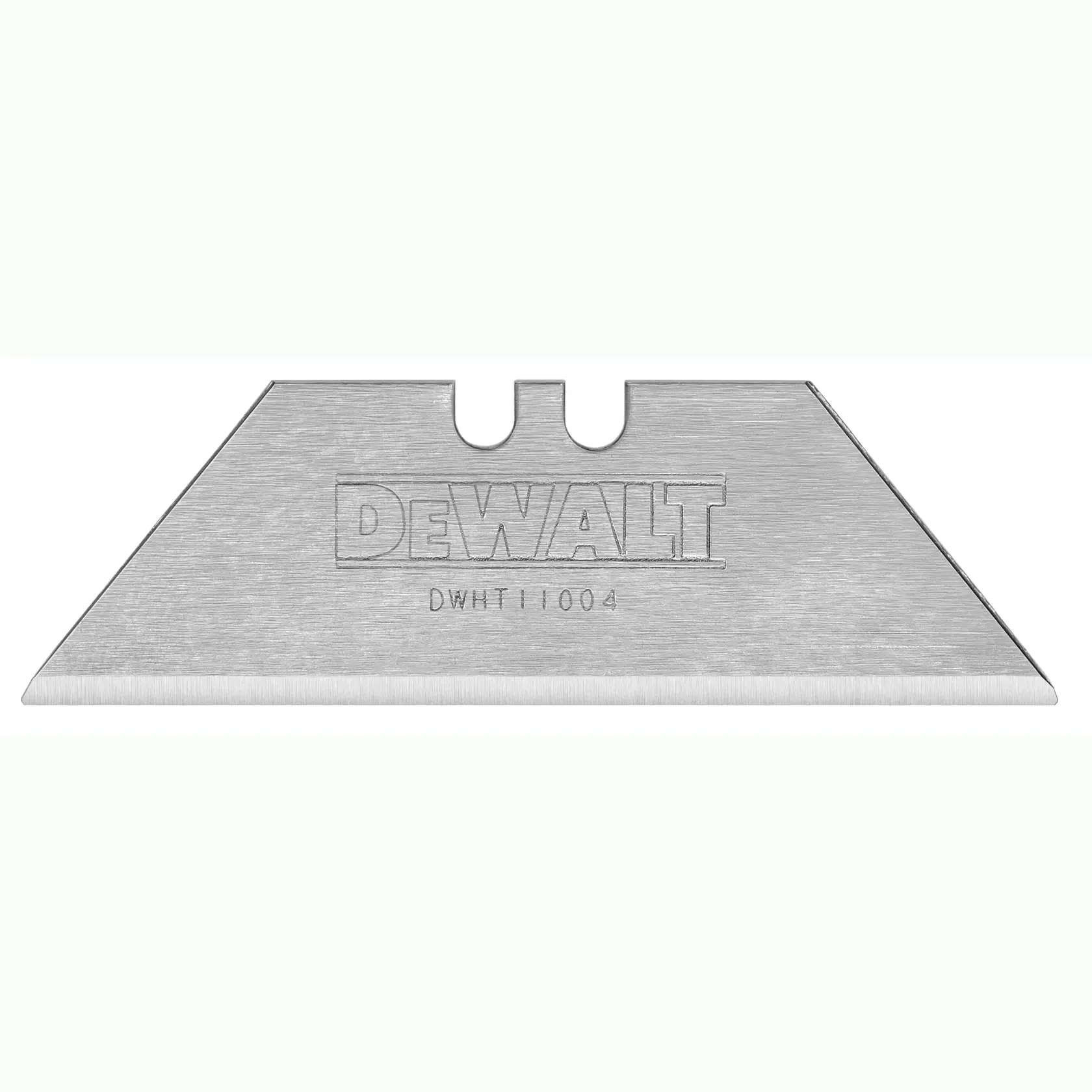 DEWALT DWHT11004 utility knife blade with sharp edge and notches for fitting into tool handle.