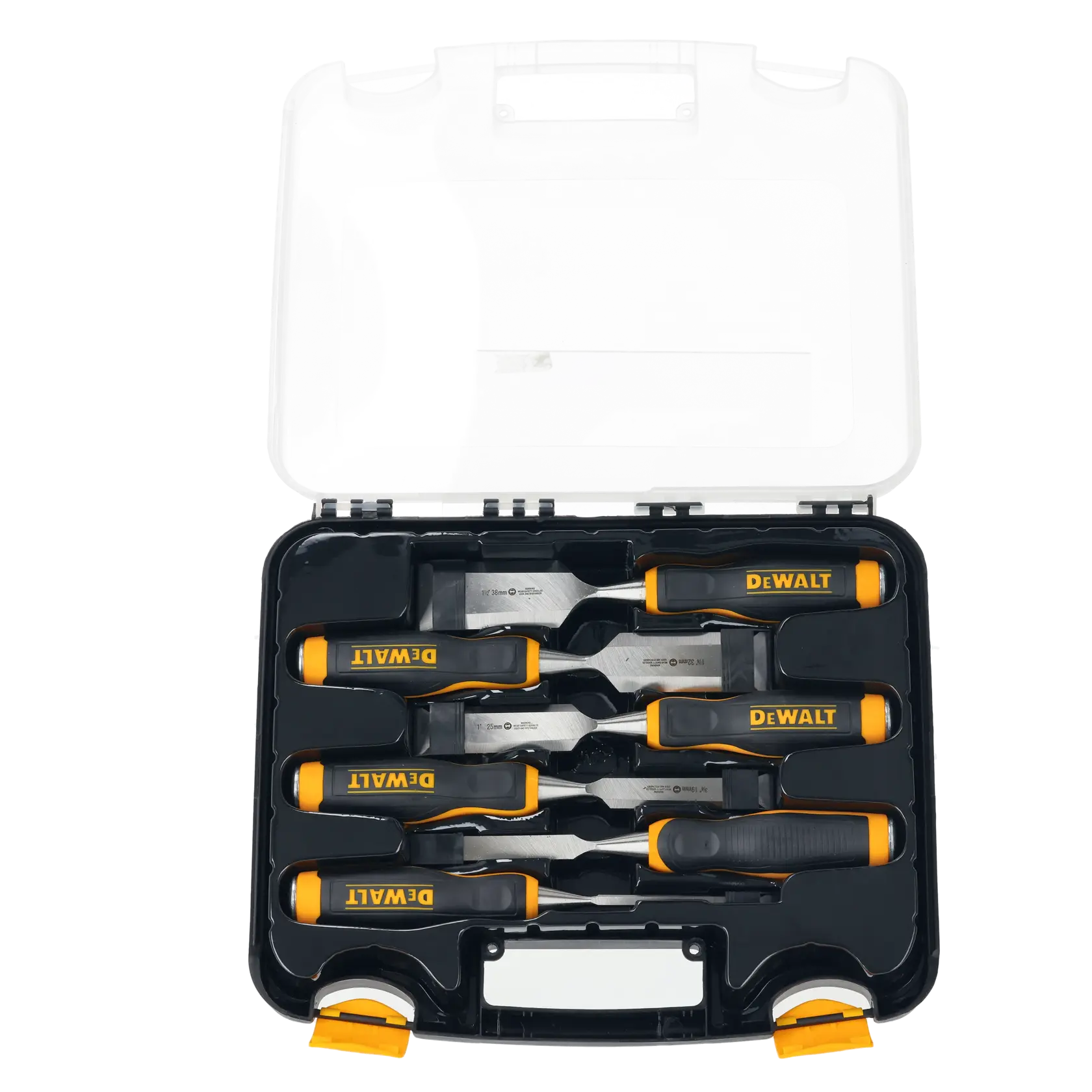 DEWALT chisel set with black and yellow handles in a black plastic case with a transparent lid.