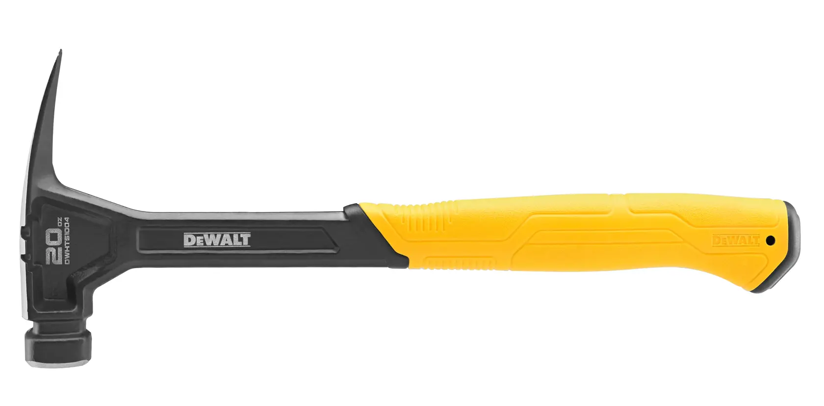 A DEWALT claw hammer with a black metal head and a yellow ergonomic handle, shown on a white background.