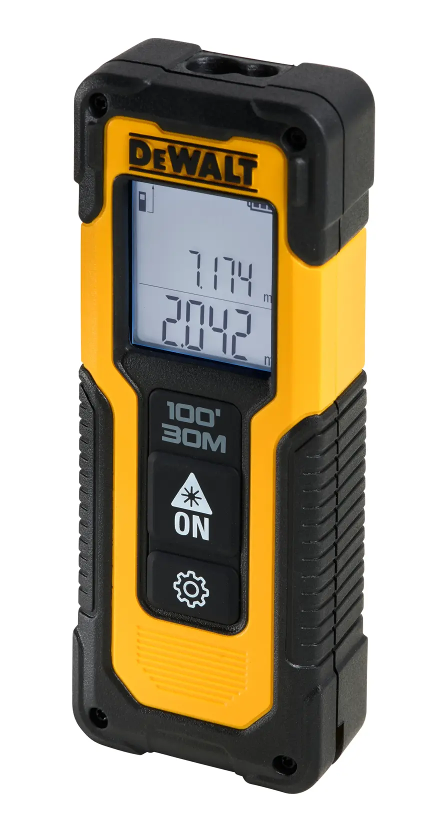 DEWALT DWHT77100 yellow and black laser distance measurer with display and buttons, 100 ft/30 m range.