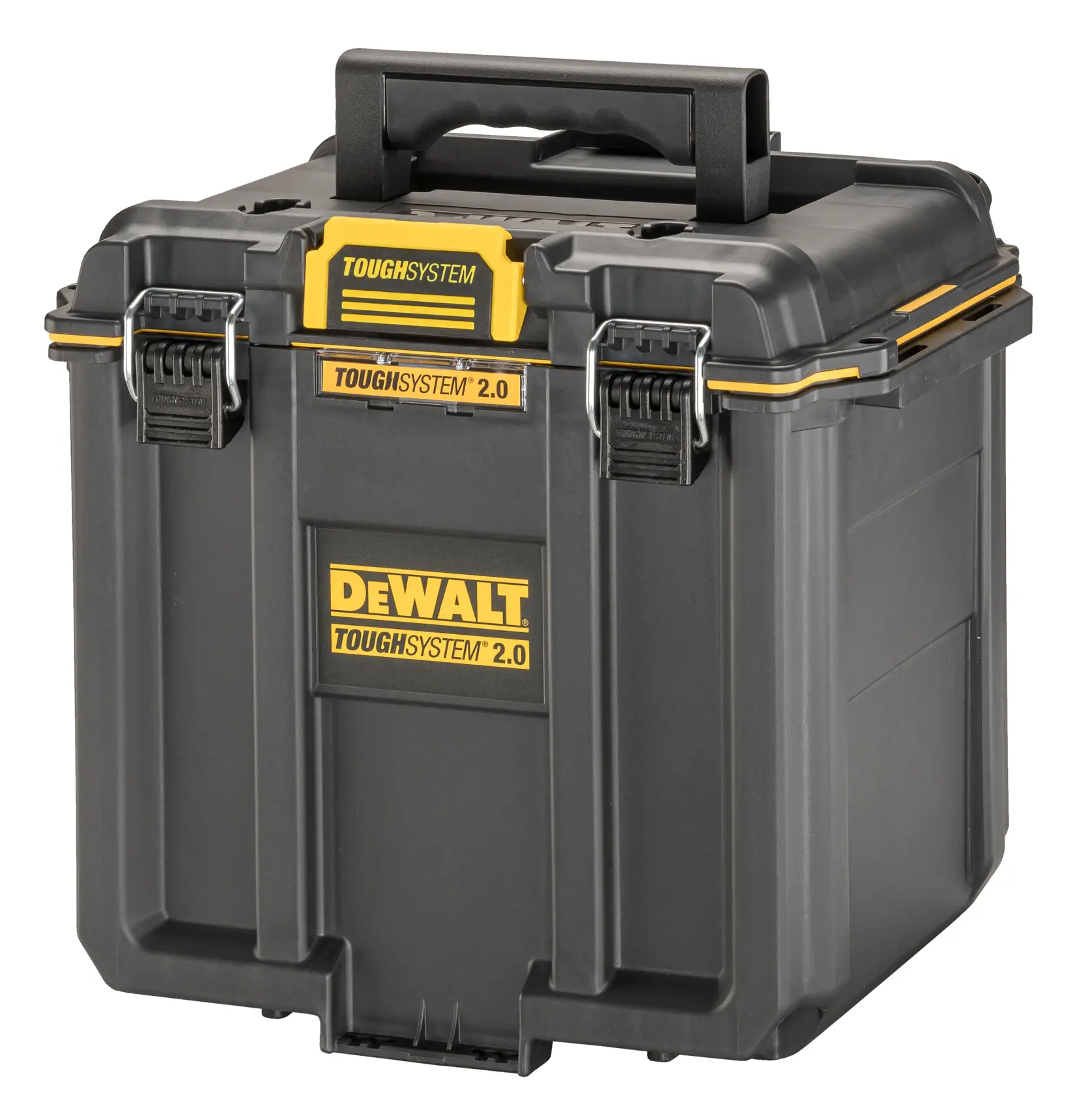 A DEWALT ToughSystem 2.0 storage box with a black and yellow design, featuring a sturdy handle and secure metal latches.