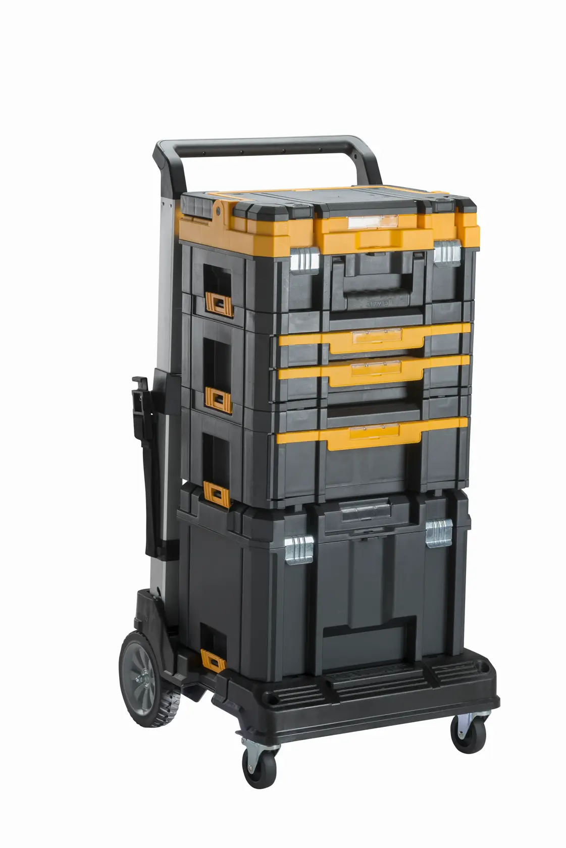 DEWALT black and yellow mobile tool storage trolley with stacked boxes and drawers on wheels.