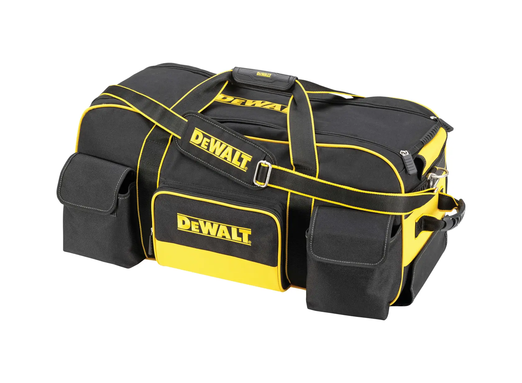 DEWALT black and yellow tool bag with multiple pockets and carry straps, suitable for storage and transport.