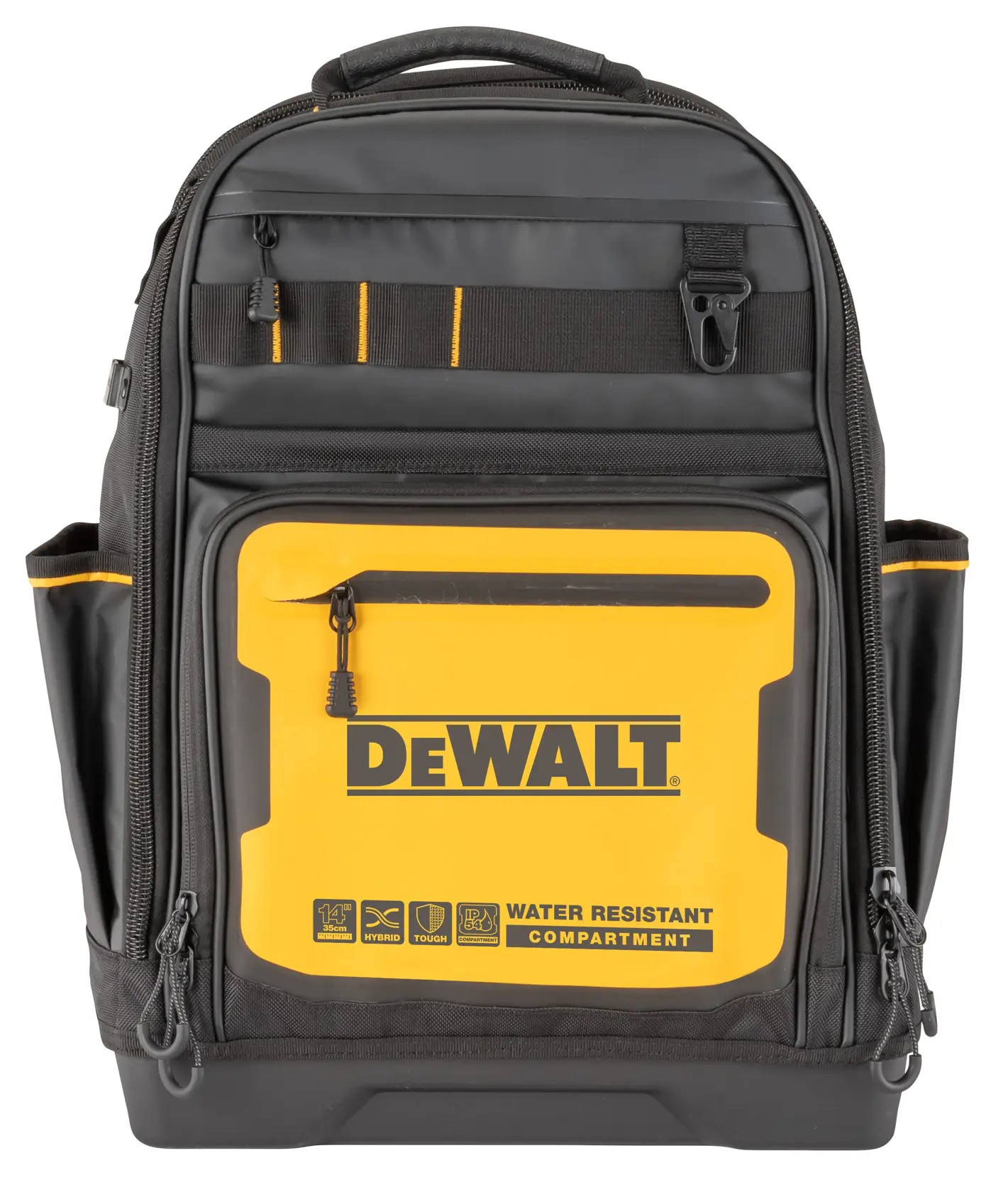 A DEWALT black and yellow backpack designed for tools, featuring multiple compartments and pockets, with a water-resistant front compartment and the DEWALT logo prominently displayed.