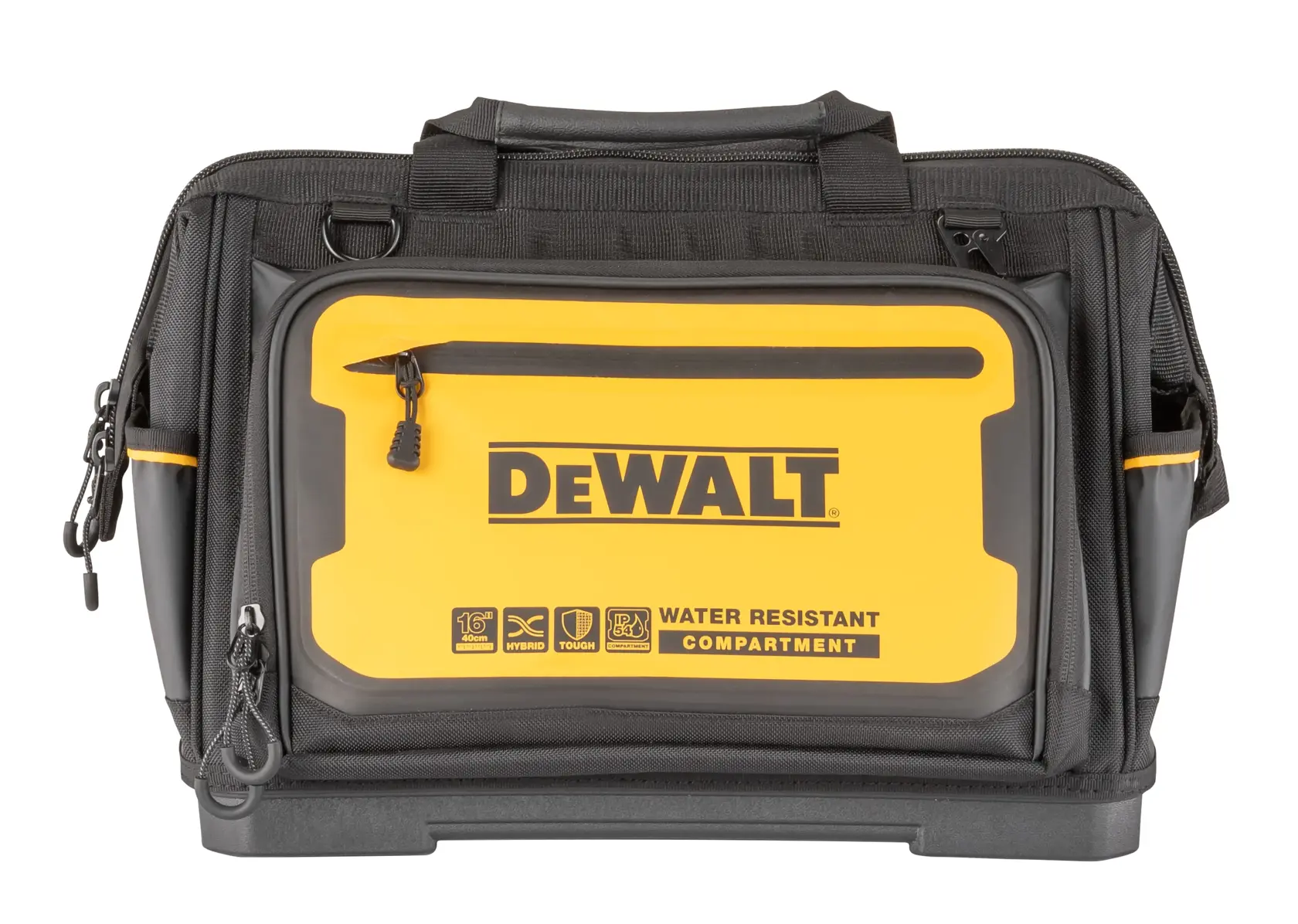 DEWALT branded black and yellow tool bag with a water-resistant compartment, zippered pockets, and sturdy handles.
