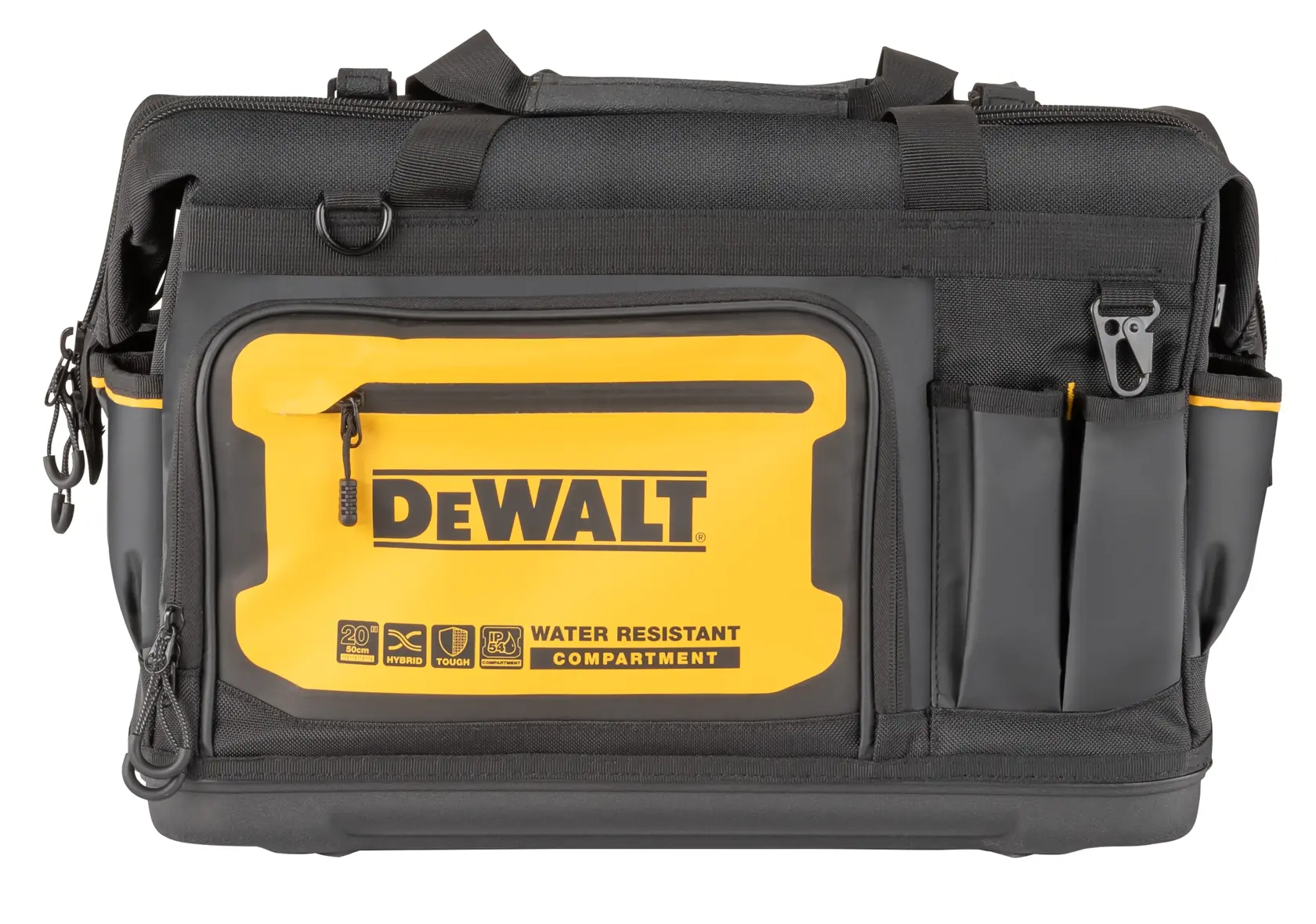 Black and yellow DEWALT tool bag with multiple external pockets and a front zippered compartment labeled 'Water Resistant Compartment.'