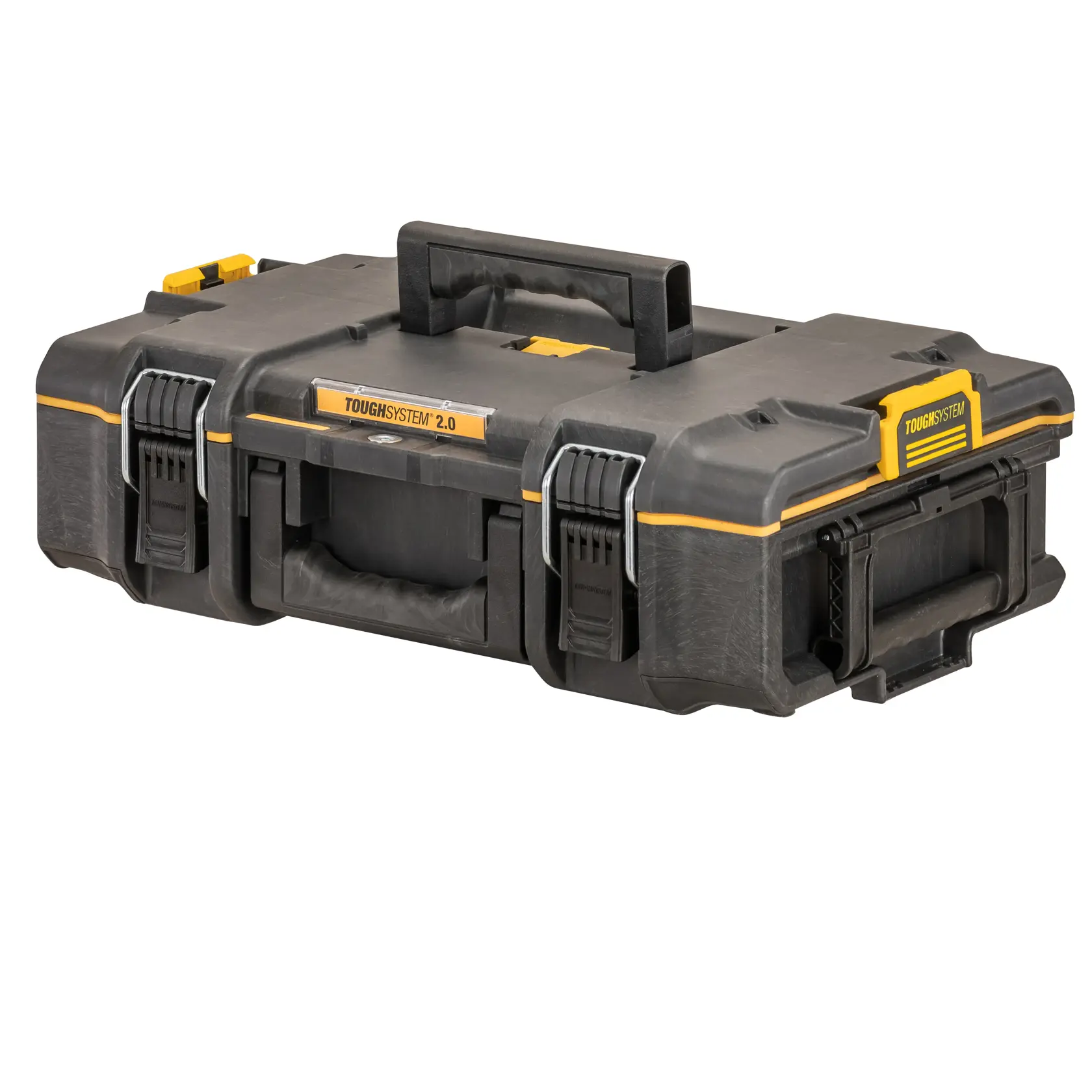 Graphique promotionnel DEWALT ToughSystem 2.0 avec le slogan 'Storage Built to Handle It' en grandes lettres jaunes sur un fond sombre texturé.
