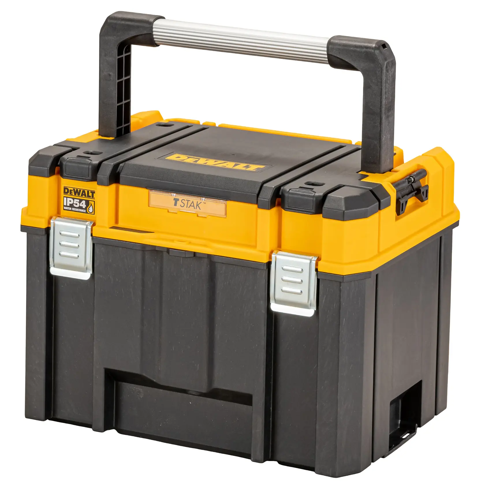 A DEWALT branded black and yellow stackable tool storage box with a sturdy handle, metal latches, and IP54 rating for protection against dust and water.