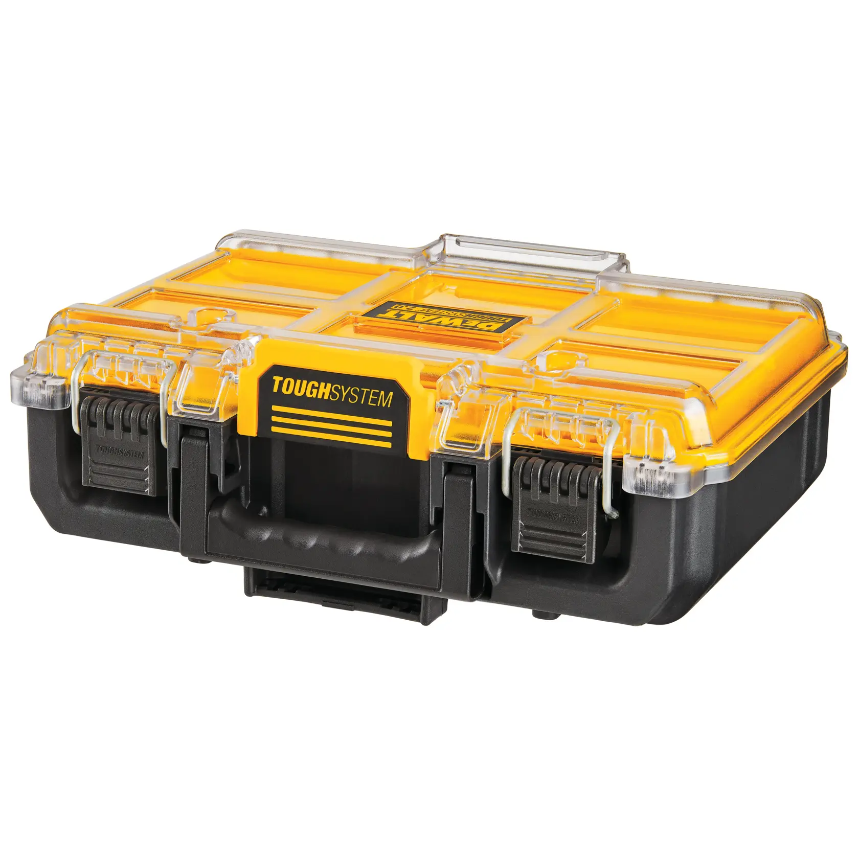 DEWALT ToughSystem case with yellow lid, black base, clear latches, and handle for tool or accessory storage.
