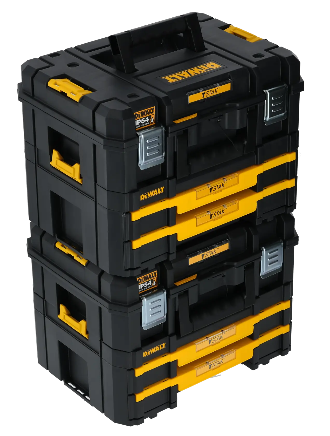 Stacked set of three DEWALT TSTAK modular storage boxes in black and yellow, featuring carry handles and metal latches.