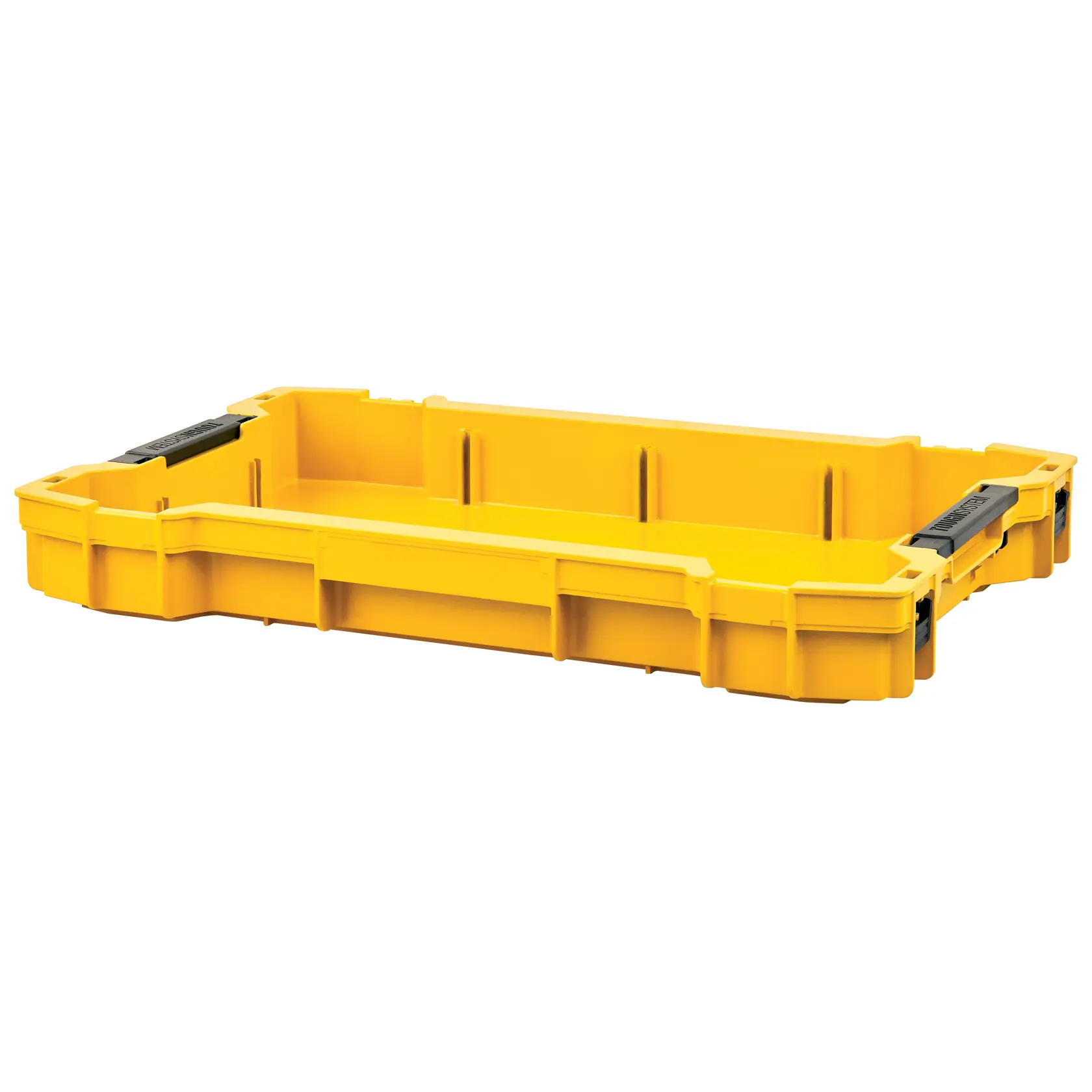 Graphique promotionnel DEWALT ToughSystem 2.0 avec le slogan 'Storage Built to Handle It' en grandes lettres jaunes sur un fond sombre texturé.