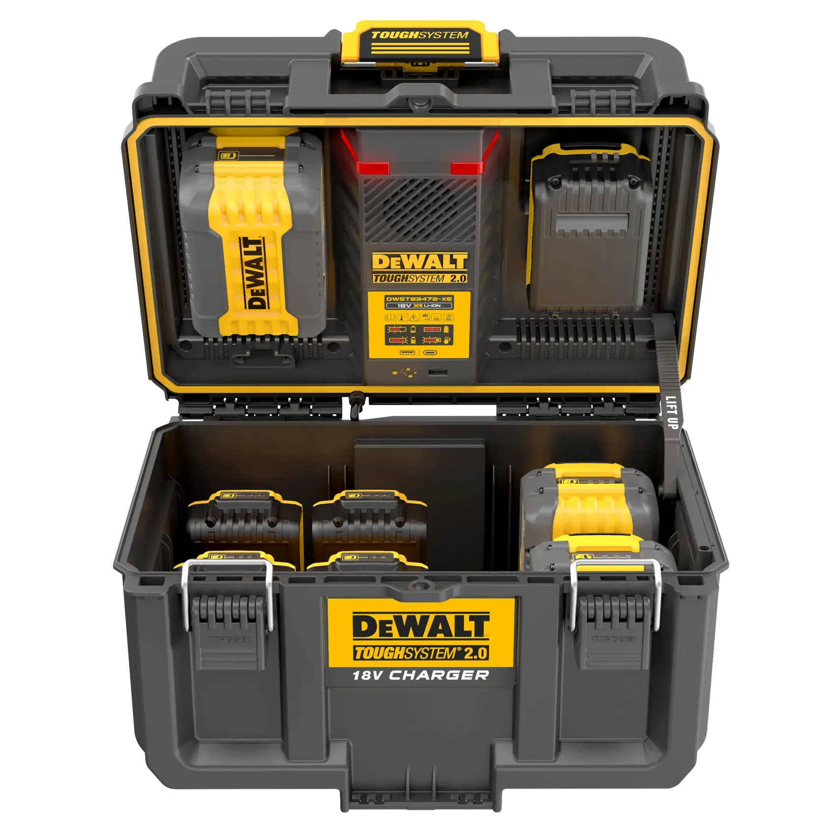 Open DEWALT ToughSystem 2.0 case with multiple 18V batteries and charger organized inside.