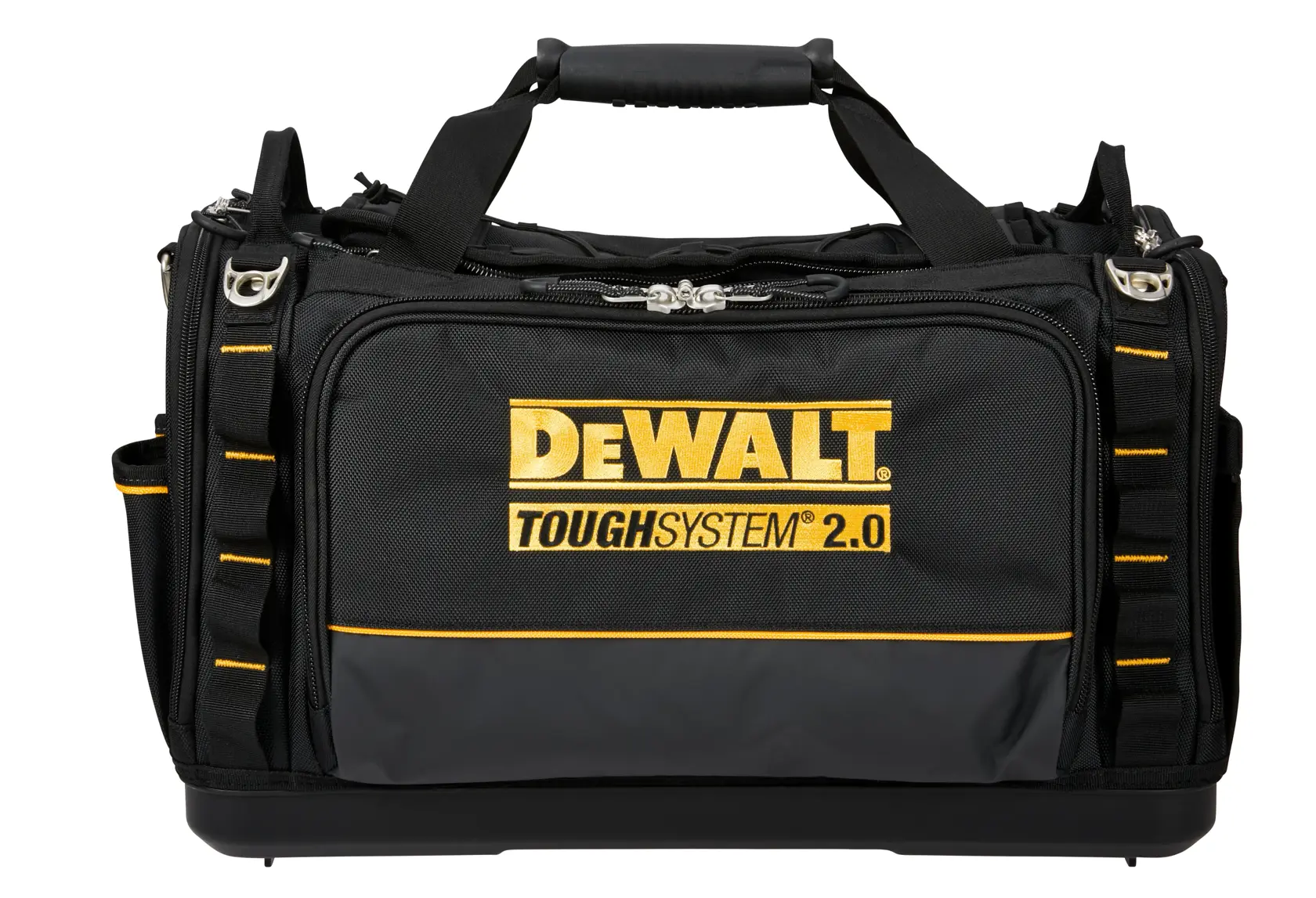 A black DEWALT ToughSystem 2.0 tool bag with yellow accents, multiple compartments, a padded handle, and exterior pockets, shown against a white background.