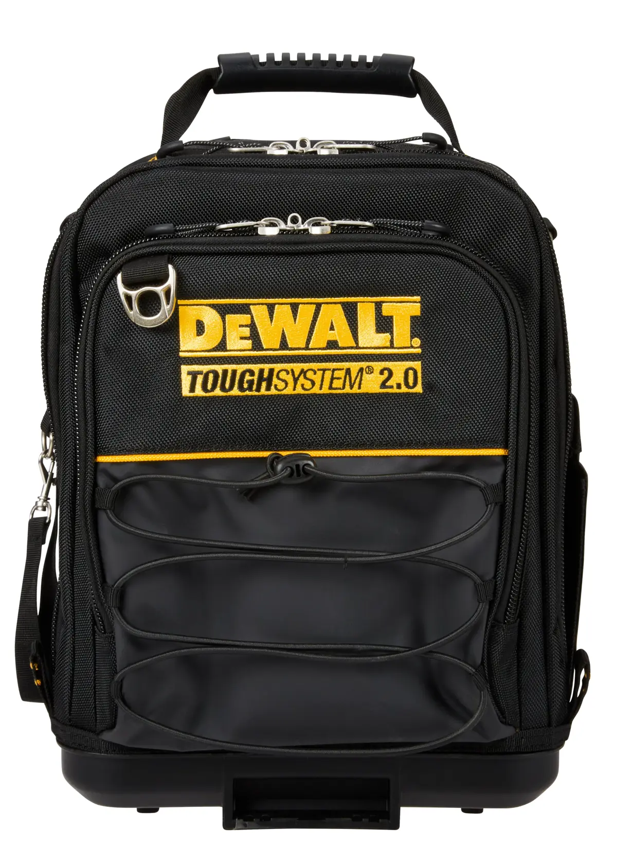 Front view of a DEWALT ToughSystem 2.0 black tool bag with yellow branding, multiple compartments, zippers, a carrying handle, and elastic storage bands.